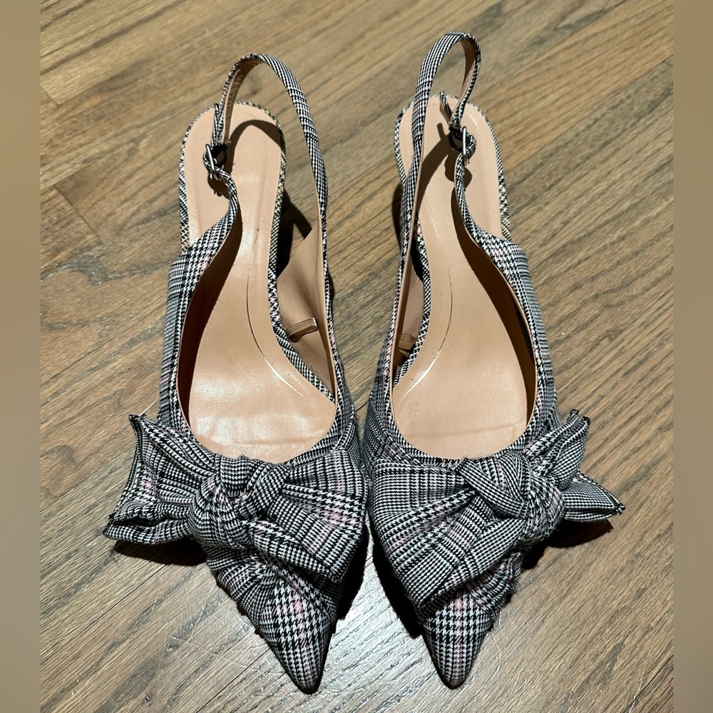 Zara Trafaluc Plaid pointed kitten heel bow sling back heels size 9.5 EU 40
